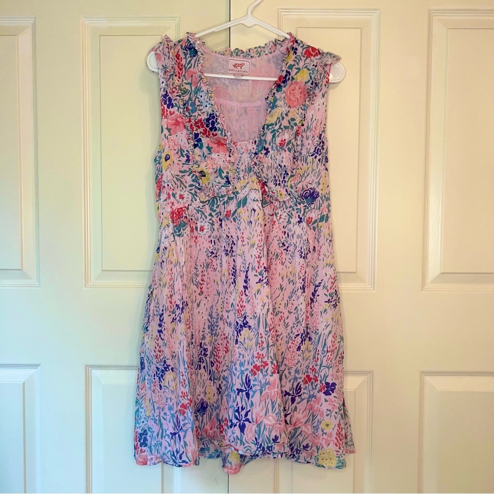 Banjanan Ellian pink floral multicolor cotton sleeveless ruffle dress M